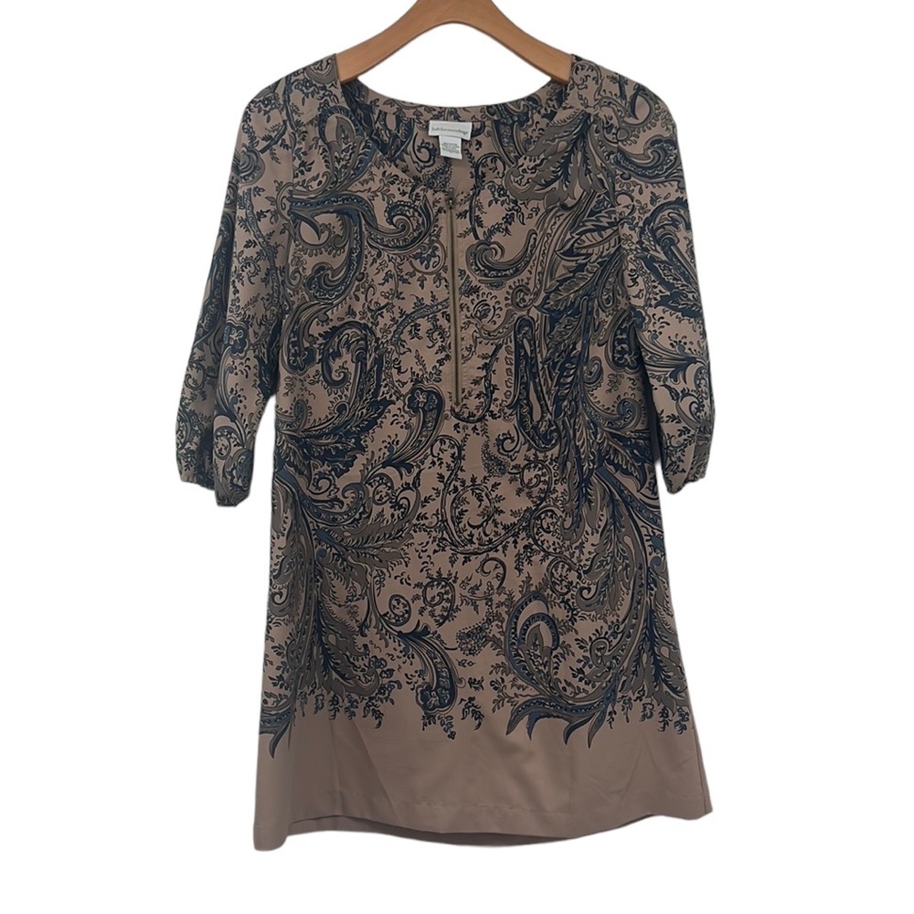 Soft Surroundings Dress Womens Medium Shift Tan Blue Paisley 3/4 Sleeve